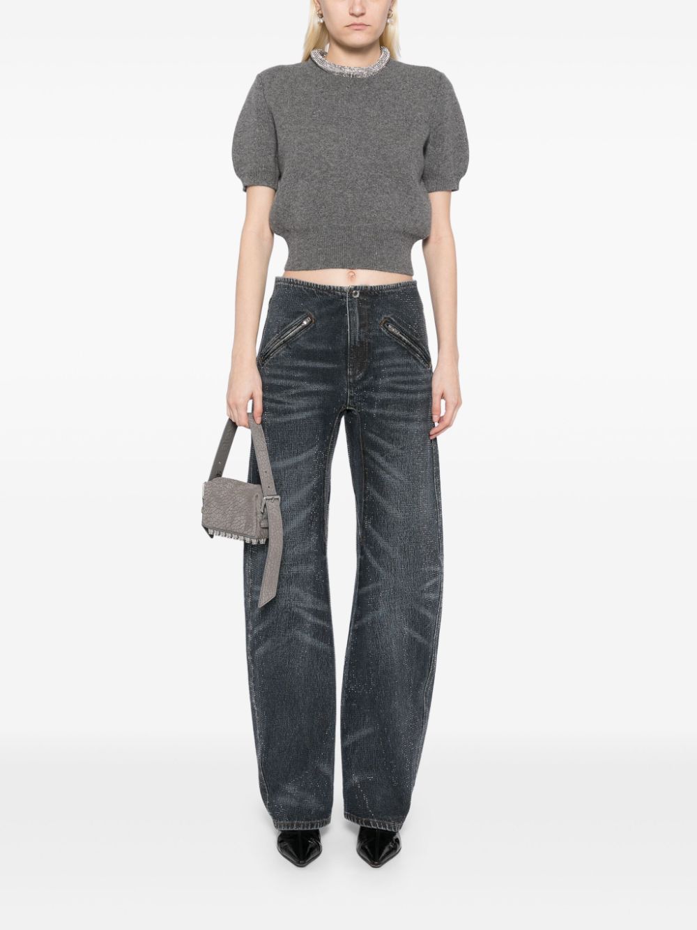 Grey crystal-embellished short-sleeves top Alexander wang